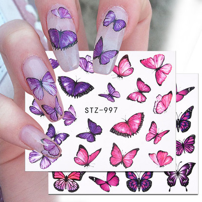 1 PC Pink Purple Butterflies Nagų dailė Manikiūro Lipdukai Lipdukai 3D Pavasario Vasaros Temos Gėlės Nagų Slankiklio Dekoracija