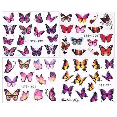 1 PC Pink Purple Butterflies Nails Art Αυτοκόλλητα Μανικιούρ Αυτοκόλλητα Αυτοκόλλητα 3D Άνοιξη Καλοκαίρι Θέμα Λουλούδια Διακόσμηση νυχιών Slider