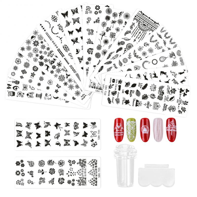 Körömdíszítő sablonok Bélyegzőlemez Design Virág Pillangó Körömbélyegzősablonok Levél virágos Nyomtatás Stencillemezek Kép manikűr
