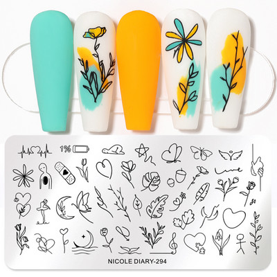 NICOLE DIARY Πλάκα σφράγισης νυχιών Γαλλική γεωμετρία Πρότυπο σχεδίασης γραμμής κυμάτων λουλούδι φύλλο αγάπης σφραγίδα Εργαλείο στένσιλ καλουπιών νυχιών