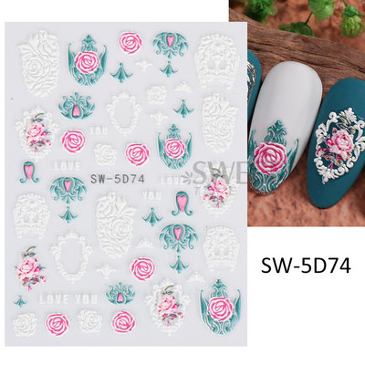 5D virág dombornyomott köröm matrica Vintage óra madár rózsa virágos dekoráció újév tavaszi akril gravírozott manikűr tippek BESW-5D