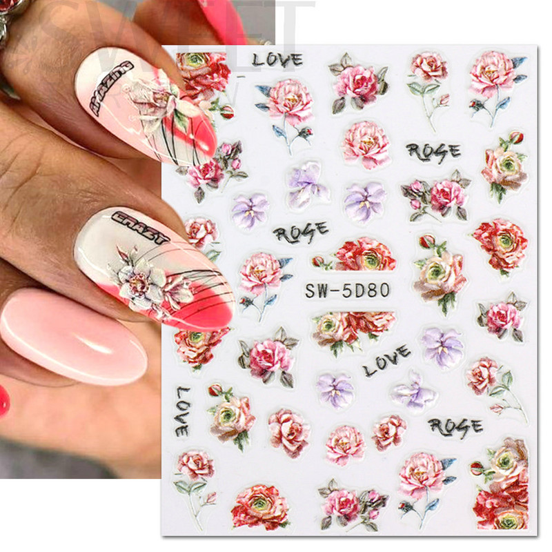 5D virág dombornyomott köröm matrica Vintage óra madár rózsa virágos dekoráció újév tavaszi akril gravírozott manikűr tippek BESW-5D