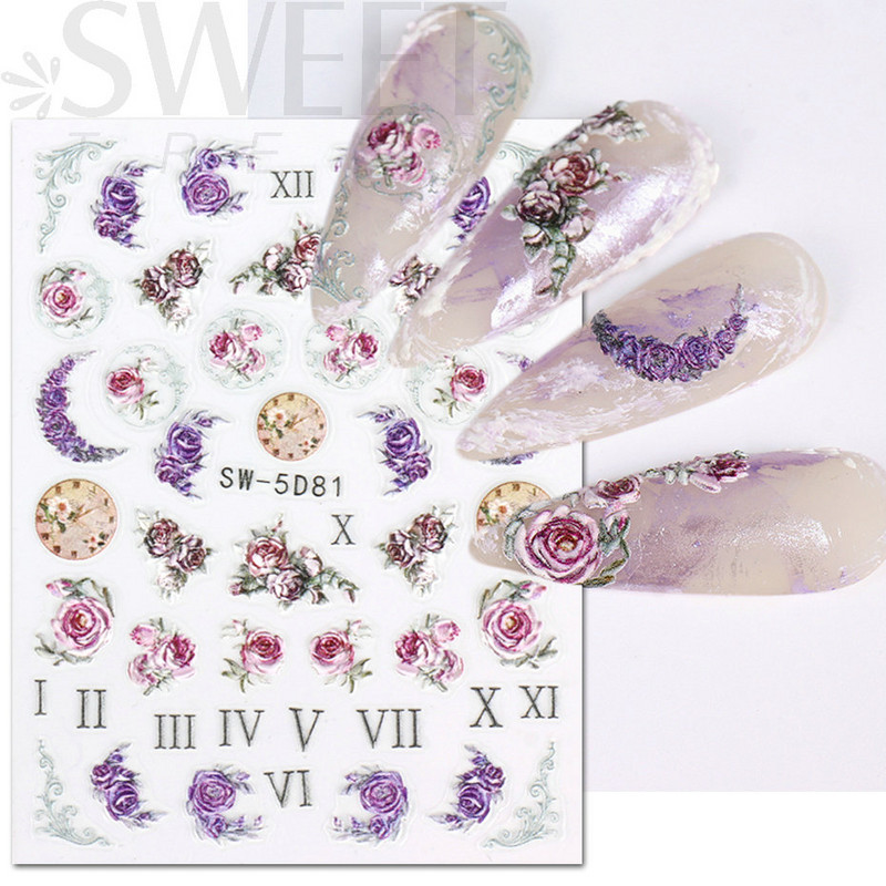 5D virág dombornyomott köröm matrica Vintage óra madár rózsa virágos dekoráció újév tavaszi akril gravírozott manikűr tippek BESW-5D