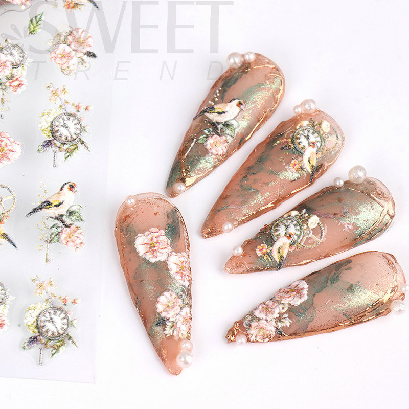 5D virág dombornyomott köröm matrica Vintage óra madár rózsa virágos dekoráció újév tavaszi akril gravírozott manikűr tippek BESW-5D