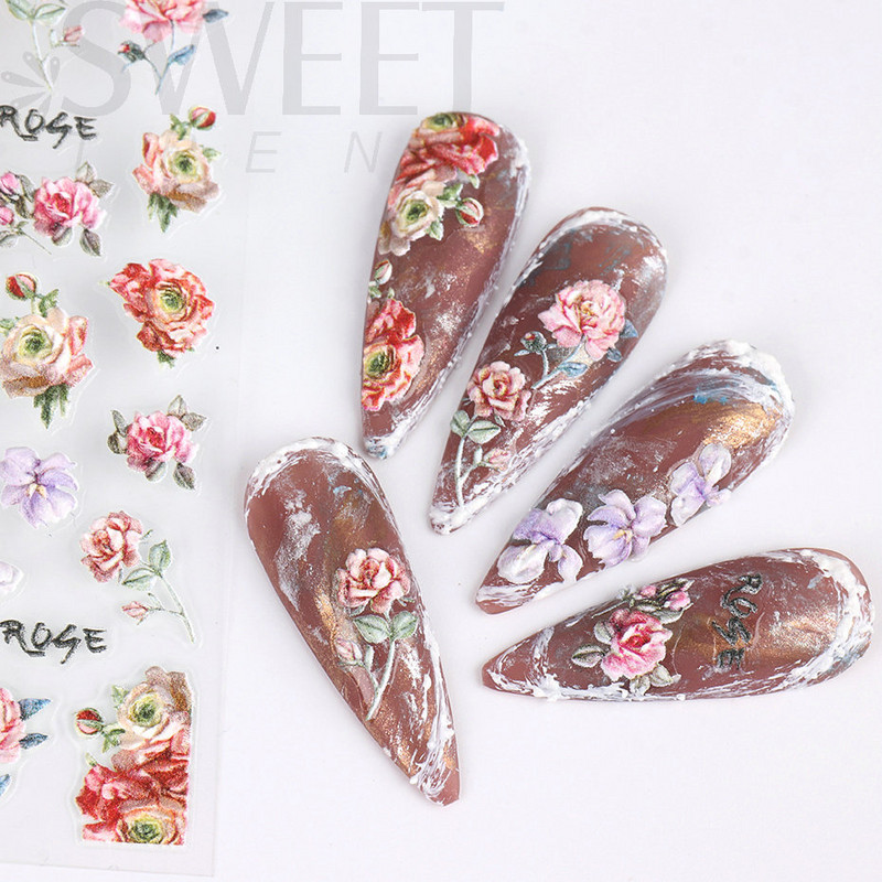 5D virág dombornyomott köröm matrica Vintage óra madár rózsa virágos dekoráció újév tavaszi akril gravírozott manikűr tippek BESW-5D