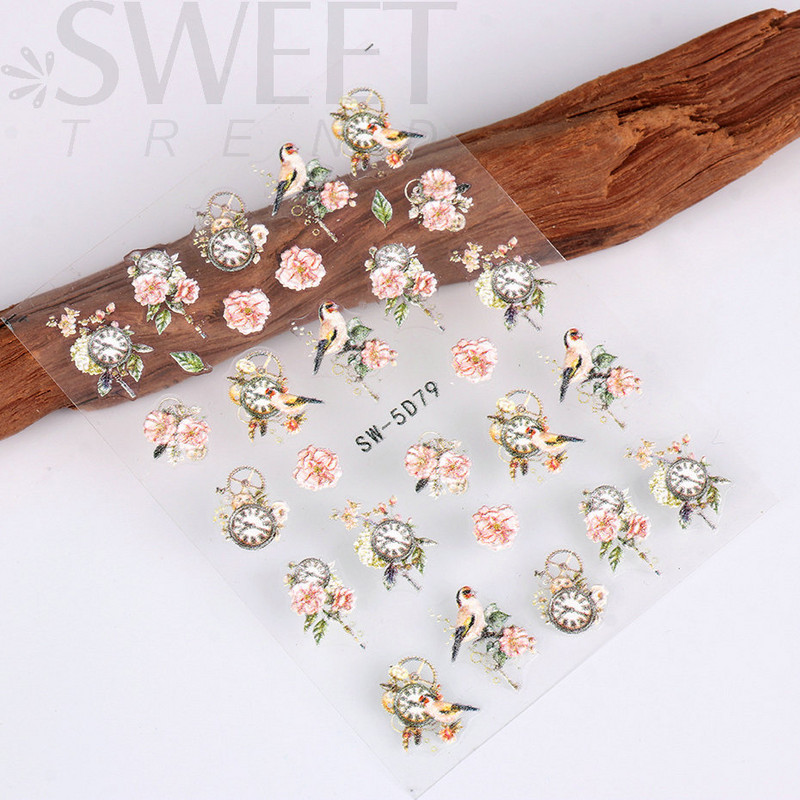 5D virág dombornyomott köröm matrica Vintage óra madár rózsa virágos dekoráció újév tavaszi akril gravírozott manikűr tippek BESW-5D
