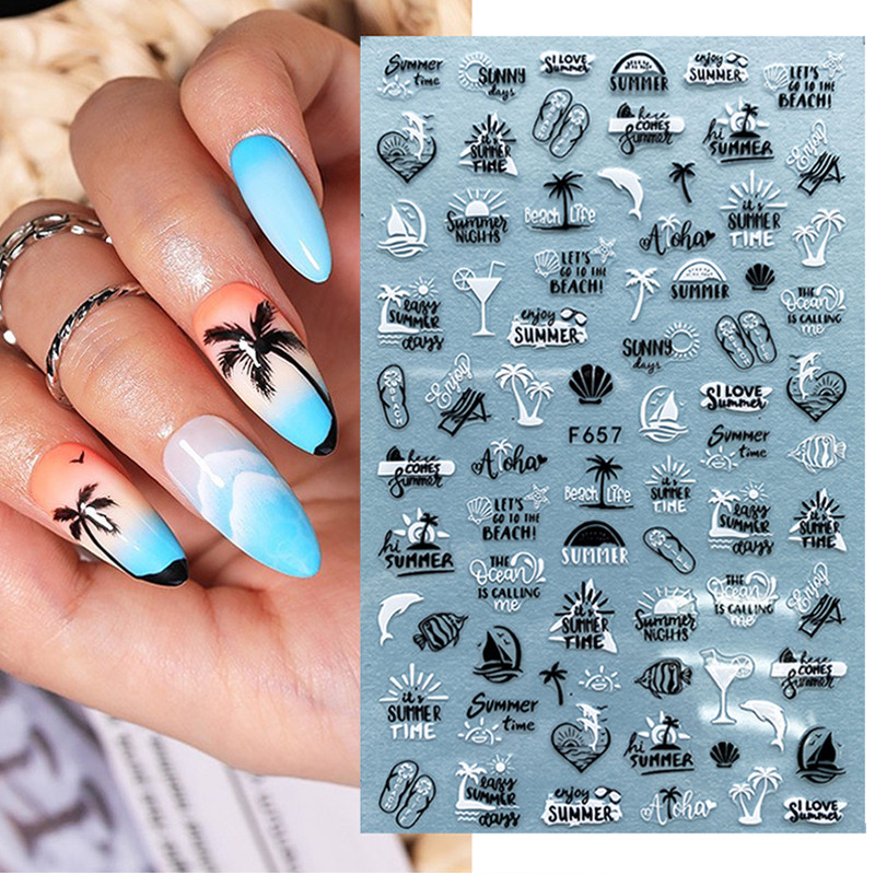 Nyári trópusi tengerparti kókuszfa papucs 3D köröm matrica levelek kagyló transzfer matricák csúszka díszítő manikűr