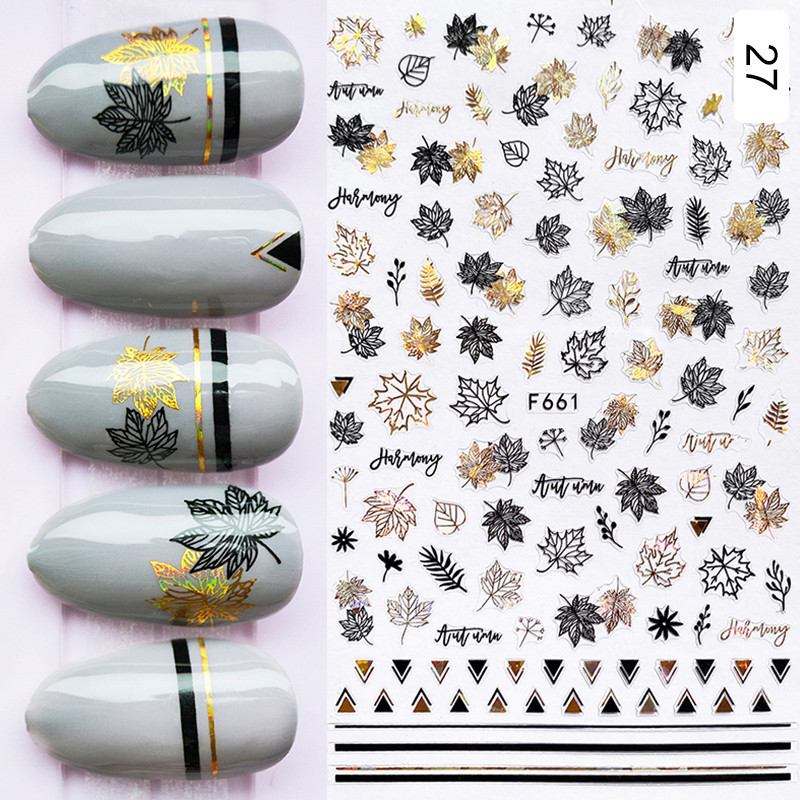 1 бр. Златен преливащ кленов лист 3D стикер за нокти Есен Есенен модел Лепило за прехвърляне Стикери Блестяща Направи си сам декорация за нокти