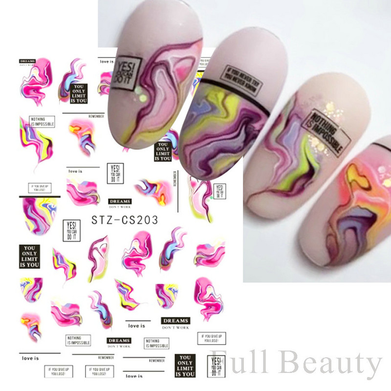 Lenyűgöző márványozott virágzó design körömmatrica akvarell tinta geometriai 3D csúszkák vonal pillangó betű téli dekor NFSTZ-CS201