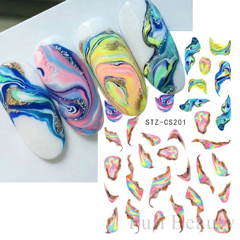 Lenyűgöző márványozott virágzó design körömmatrica akvarell tinta geometriai 3D csúszkák vonal pillangó betű téli dekor NFSTZ-CS201