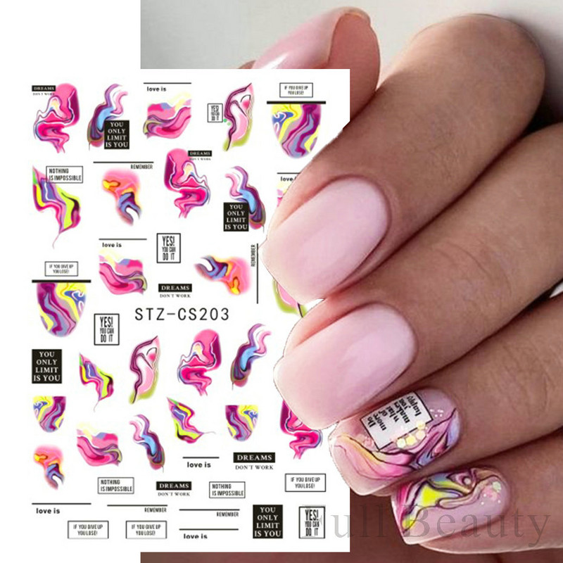 Lenyűgöző márványozott virágzó design körömmatrica akvarell tinta geometriai 3D csúszkák vonal pillangó betű téli dekor NFSTZ-CS201