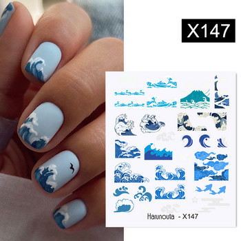 Harunouta Ink Blooming Marble Water Decals Flower Leaves Transfer Sliders Χαρτί αφηρημένες γεωμετρικές γραμμές Αυτοκόλλητα νυχιών Υδατογράφημα