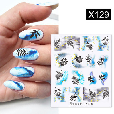 Harunouta Ink Blooming Marble Water Decals Flower Leaves Transfer Sliders Χαρτί αφηρημένες γεωμετρικές γραμμές Αυτοκόλλητα νυχιών Υδατογράφημα