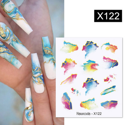 Harunouta Ink Blooming Marble Water Decals Flower Leaves Transfer Sliders Χαρτί αφηρημένες γεωμετρικές γραμμές Αυτοκόλλητα νυχιών Υδατογράφημα
