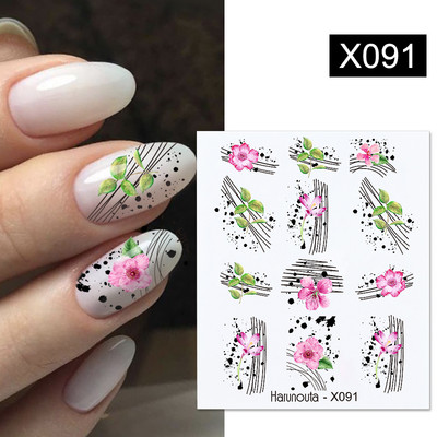 Harunouta Ink Blooming Marble Water Decals Flower Leaves Transfer Sliders Χαρτί αφηρημένες γεωμετρικές γραμμές Αυτοκόλλητα νυχιών Υδατογράφημα