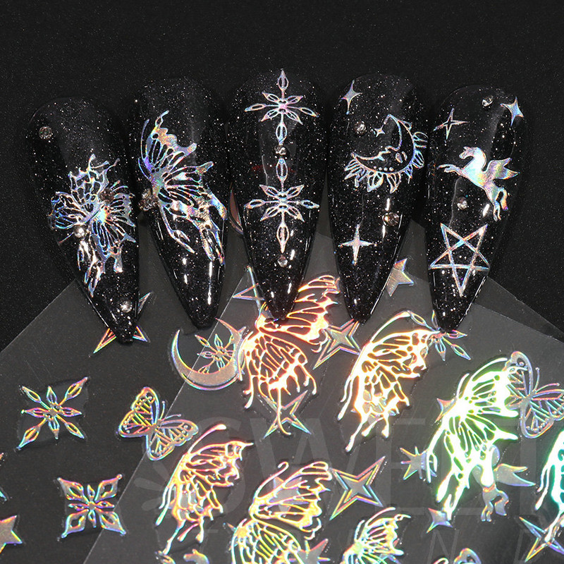 3D lézeres ezüst körömmatrica fémes pillangó csillag Hold egyszarvú holografikus színátmenetes manikűr DIY köröm kiegészítők BESO