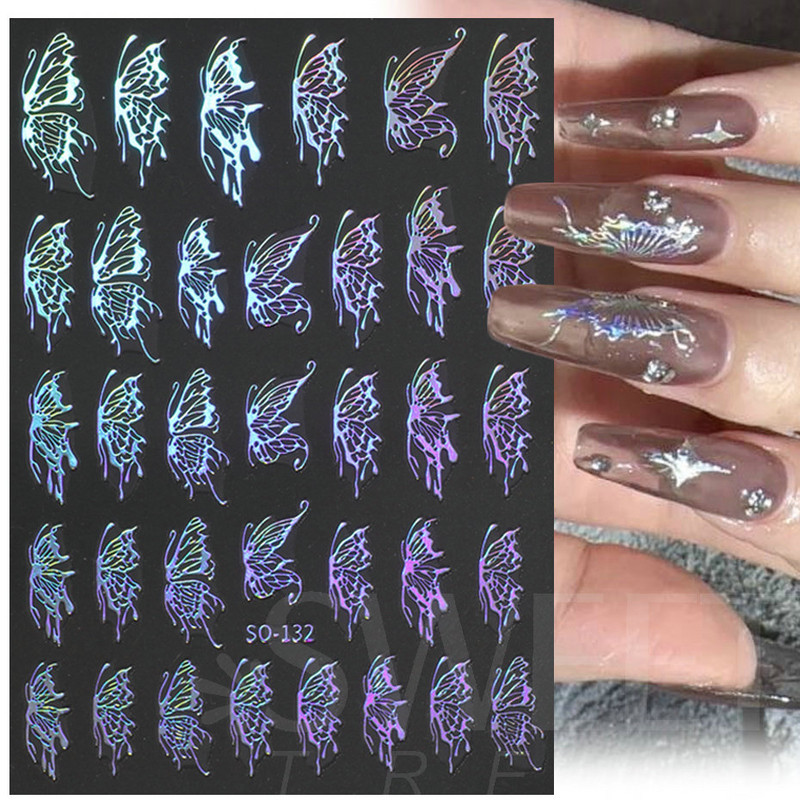 3D lézeres ezüst körömmatrica fémes pillangó csillag Hold egyszarvú holografikus színátmenetes manikűr DIY köröm kiegészítők BESO