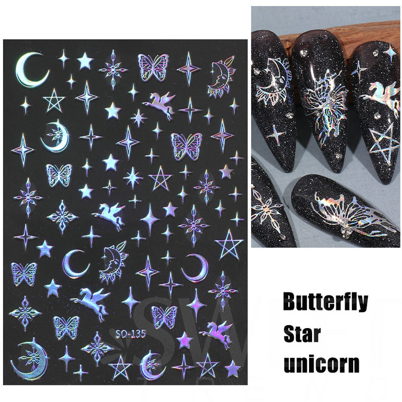 3D lézeres ezüst körömmatrica fémes pillangó csillag Hold egyszarvú holografikus színátmenetes manikűr DIY köröm kiegészítők BESO