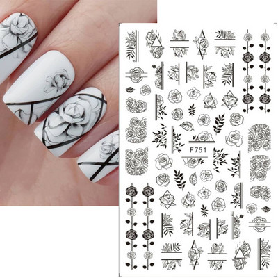 1 τμχ Geometry Sliders τρισδιάστατο αυτοκόλλητο για νύχια μαύρο λευκό τρίγωνο τζελ για τέχνη νυχιών Χαλκομανίες με φύλλα λουλουδιών Διακοσμητικό φύλλο για μανικιούρ LAF573