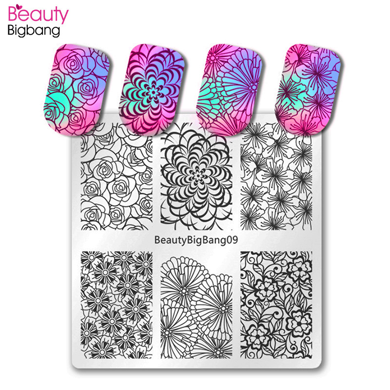 BeautyBigBang Πλάκες για σφράγιση νυχιών 6*6 εκ. Τετράγωνη δαντέλα λουλούδι Σφραγίδα για τα νύχια Πρότυπο Εικόνας Στένσιλ πλάκας για σφράγιση Καλούπι για τέχνη νυχιών