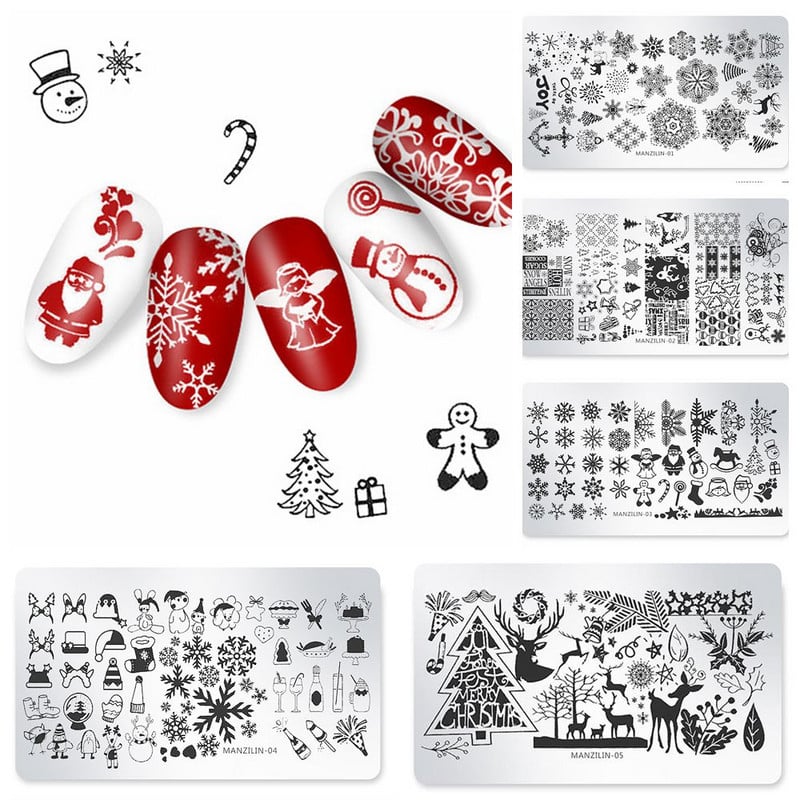Új hópehely virág jávorszarvas rozsdamentes acél barkácsbélyegző lemezek karácsonyi körömdíszítő sablon képsablon