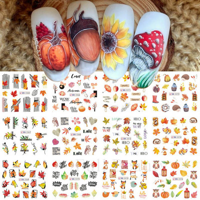 12 minta őszi levelek víz matricák körmök arany őszi matricák rajzfilm csúszkák fóliás körmök dekoráció manikűr LABN2365-2376