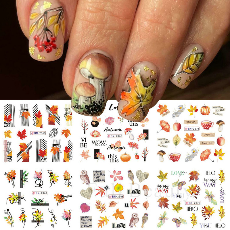 12 minta őszi levelek víz matricák körmök arany őszi matricák rajzfilm csúszkák fóliás körmök dekoráció manikűr LABN2365-2376