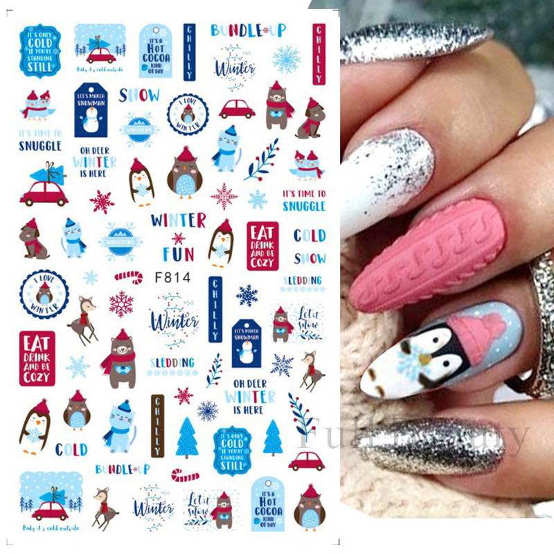 Talvine küünte disain lumepuu 3D jõulukleebis armas multikas Põdra pingviini liugurid kleebised uusaasta kaunistused 2023 LAF816