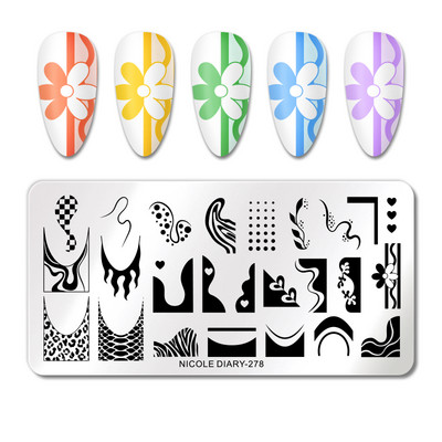 NICOLE NAPLÓ Virág virágos csíkos bélyegzőlemezek Geometria Mable Blooming Design Bélyegzés körmökhöz Nyomtatósablon stencil