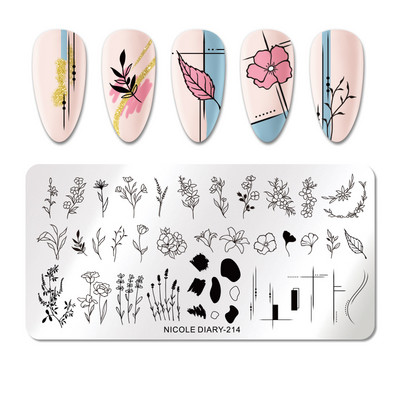 NICOLE NAPLÓ Virág virágos csíkos bélyegzőlemezek Geometria Mable Blooming Design Bélyegzés körmökhöz Nyomtatósablon stencil