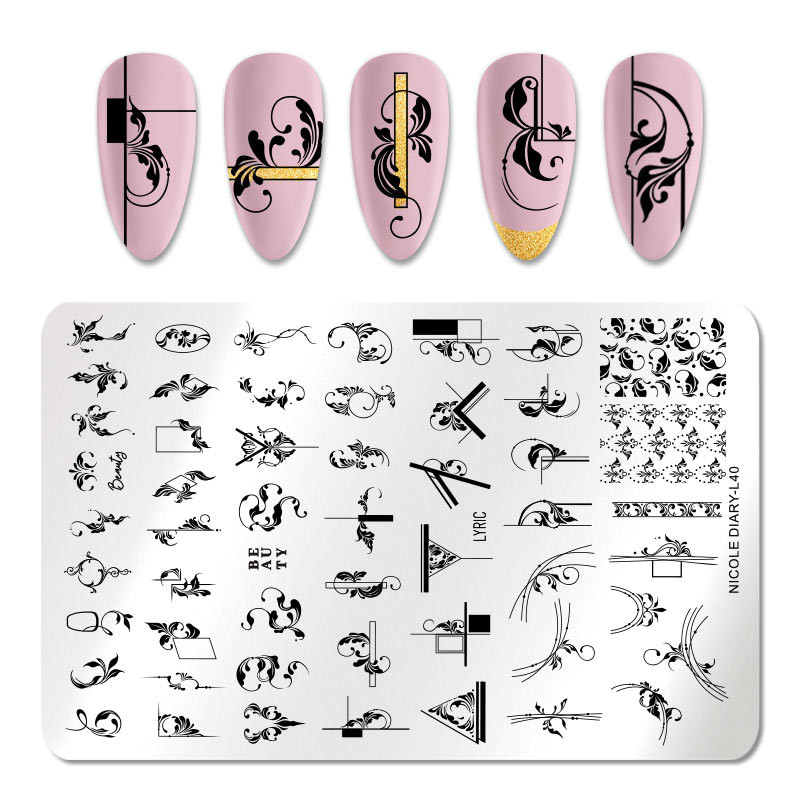 NICOLE NAPLÓ Virág virágos csíkos bélyegzőlemezek Geometria Mable Blooming Design Bélyegzés körmökhöz Nyomtatósablon stencil
