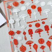 5D vörös kínai csomós lámpás hagyományos tervezés puha domborművek körömmatricák 3D öntapadó körömmatricák nagykereskedés