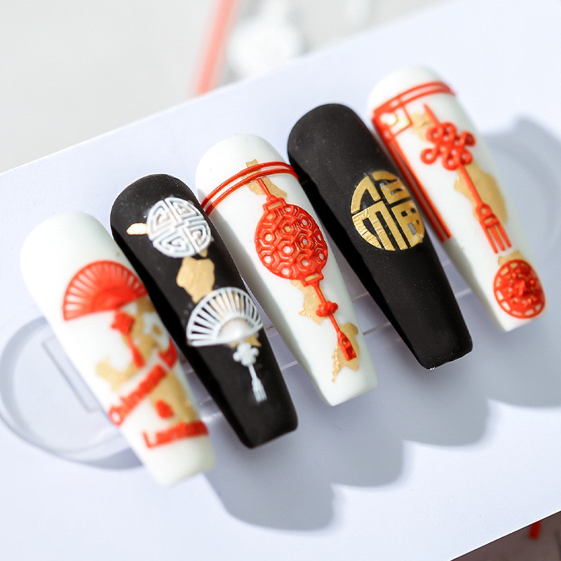 5D vörös kínai csomós lámpás hagyományos tervezés puha domborművek körömmatricák 3D öntapadó körömmatricák nagykereskedés