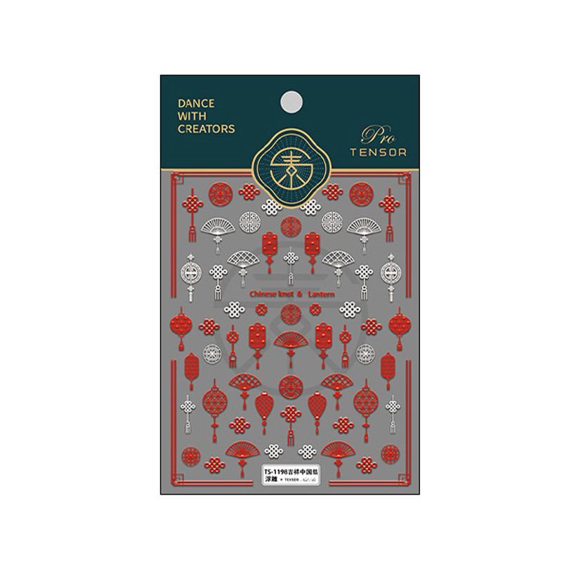 5D vörös kínai csomós lámpás hagyományos tervezés puha domborművek körömmatricák 3D öntapadó körömmatricák nagykereskedés