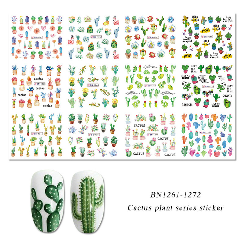 12db kaktusz víz matrica köröm matrica zöld növénylevél vízjel pelyhek csúszka tetoválás körömdíszítés LABN1261-1272-1