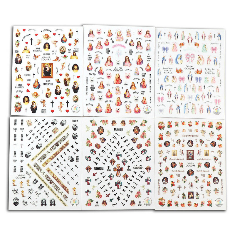 1 db Szűz Mária Jézus Krisztus 3D köröm angyal Ámor matrica Színes vallási sorozat öntapadó matrica dekoráció
