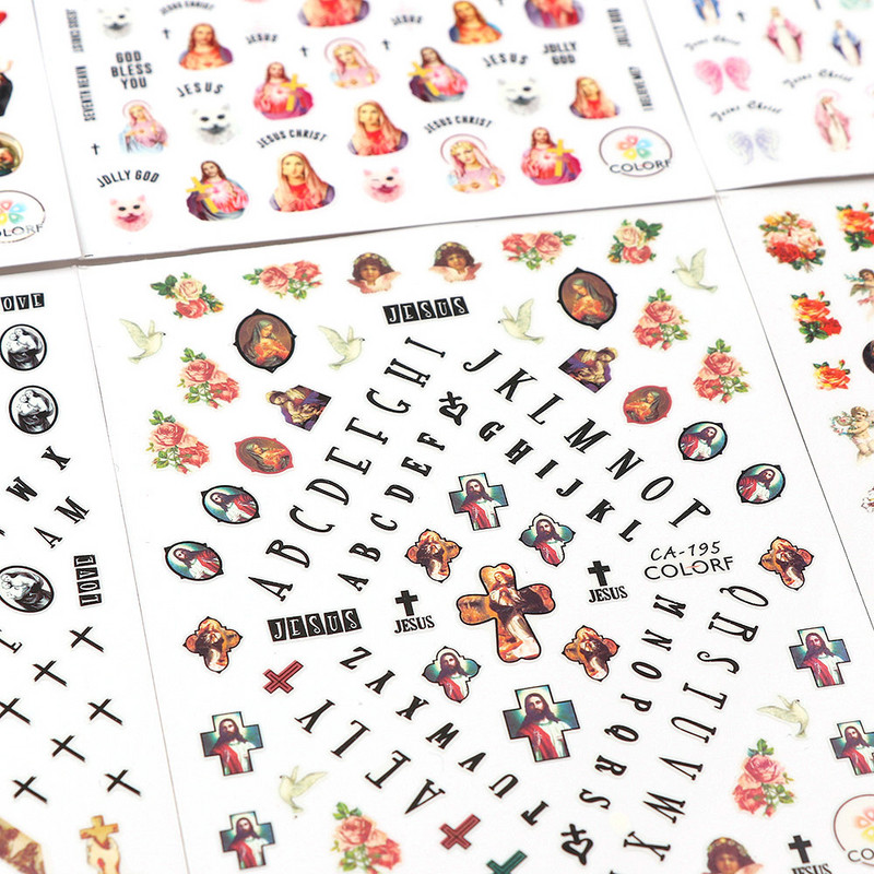 1 db Szűz Mária Jézus Krisztus 3D köröm angyal Ámor matrica Színes vallási sorozat öntapadó matrica dekoráció