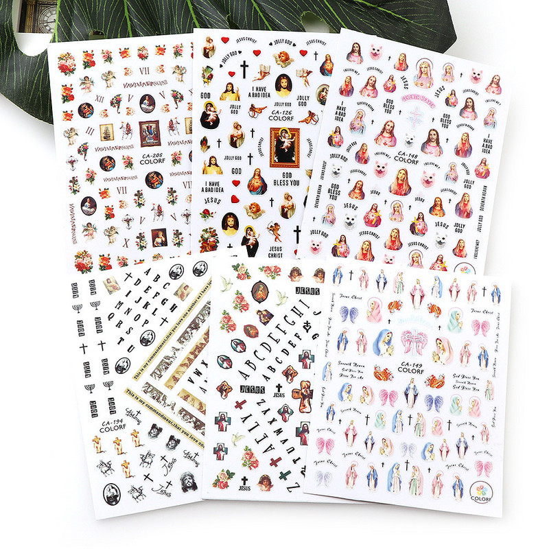 1 db Szűz Mária Jézus Krisztus 3D köröm angyal Ámor matrica Színes vallási sorozat öntapadó matrica dekoráció