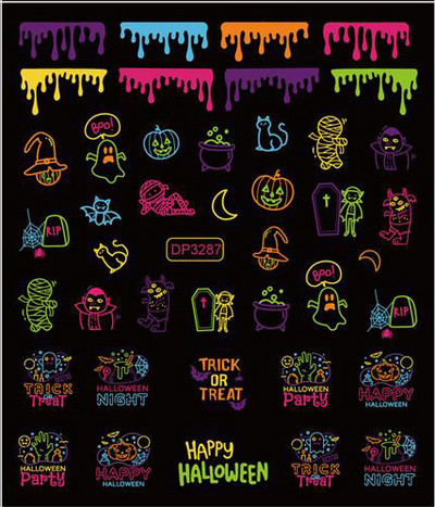 Fluoreszcens 3D körömmatricák Világító Halloween Pumpkin Pókcsillag Hold DIY Körömmatricák Sötétben Ragyog Nail Art Dekoráció