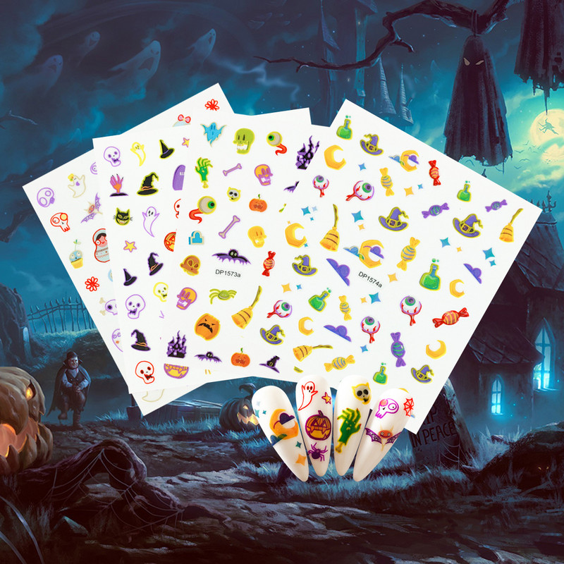 Fluoreszcens 3D körömmatricák Világító Halloween Pumpkin Pókcsillag Hold DIY Körömmatricák Sötétben Ragyog Nail Art Dekoráció