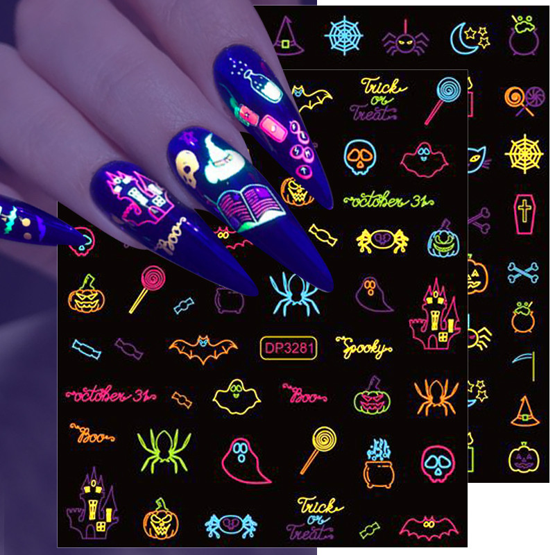 Fluoreszcens 3D körömmatricák Világító Halloween Pumpkin Pókcsillag Hold DIY Körömmatricák Sötétben Ragyog Nail Art Dekoráció