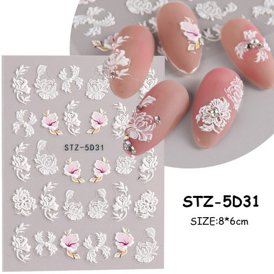 5D ανάγλυφο αυτοκόλλητο νυχιών Λευκό λουλούδι γάμου με δαντέλα αυτοκόλλητα αυτοκόλλητα αυτοκόλλητα βερνίκι καλοκαιρινού τζελ Διακοσμήσεις μανικιούρ PPSTZ5D33