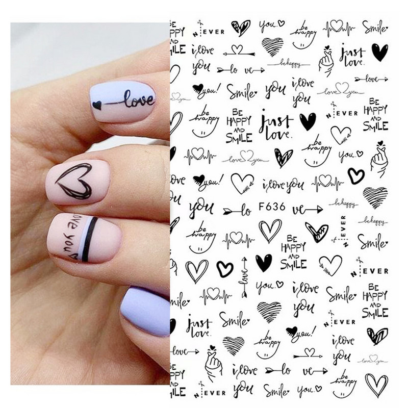 1db 3D körömmatrica fekete szív szerelem öntapadó csúszka betűk körömdíszítések csillagok matricák manikűr kiegészítők GLF740