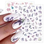 3D proljetni akvarel dizajn naljepnica za nokte Ljubičasti cvijet List Leptir Klizač Nail Art Dekoracija Cvjetni lak Naljepnice Manikura