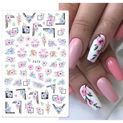 3D proljetni akvarel dizajn naljepnica za nokte Ljubičasti cvijet List Leptir Klizač Nail Art Dekoracija Cvjetni lak Naljepnice Manikura