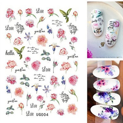 3D proljetni akvarel dizajn naljepnica za nokte Ljubičasti cvijet List Leptir Klizač Nail Art Dekoracija Cvjetni lak Naljepnice Manikura