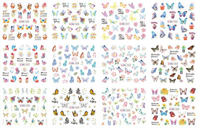 Αυτοκόλλητα με νερό για νύχια Γεωμετρικό μπλοκ χρώματος γραμμή φύλλο λουλούδια Αυτοκόλλητα ολίσθησης νυχιών Καλοκαιρινό φρούτο για μανικιούρ Νυχιών υδατογραφήματα ντεκόρ