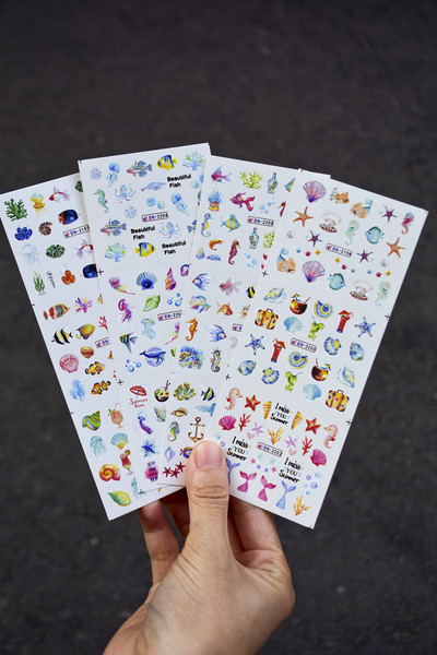 Αυτοκόλλητα με νερό για νύχια Γεωμετρικό μπλοκ χρώματος γραμμή φύλλο λουλούδια Αυτοκόλλητα ολίσθησης νυχιών Καλοκαιρινό φρούτο για μανικιούρ Νυχιών υδατογραφήματα ντεκόρ