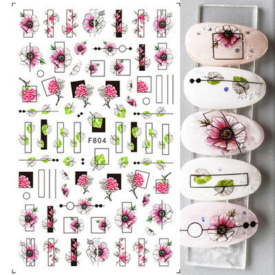 Satriecošas ziedu uzlīmes nagu uzlīmes 3D uzlīmes Līnijas Neļķes Slīdnis Ģeometriski Ziedi Lapas Nail Art DIY pavasara manikīra folija LAF804