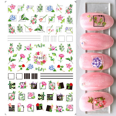 Satriecošas ziedu uzlīmes nagu uzlīmes 3D uzlīmes Līnijas Neļķes Slīdnis Ģeometriski Ziedi Lapas Nail Art DIY pavasara manikīra folija LAF804